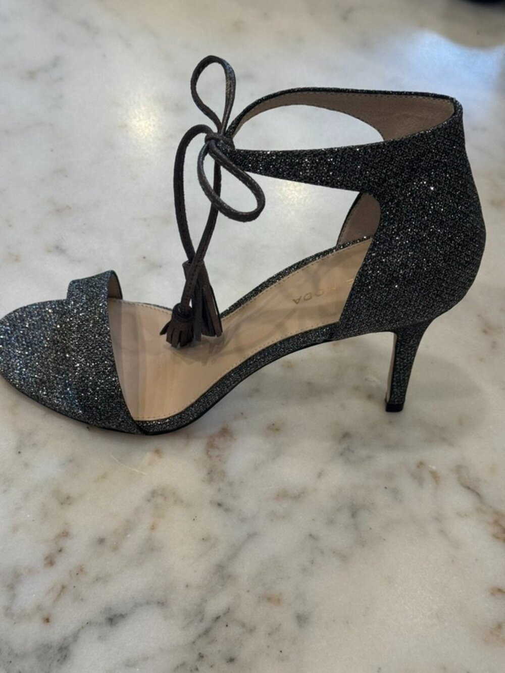 Pelle Moda "Roz" Tassel Heel Sandal, Pewter Glitter, Size 9, New in Box